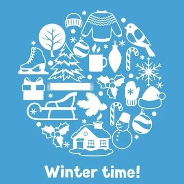 Background with winter objects. Merry Christmas, Happy New Year holiday items Stock Illustration