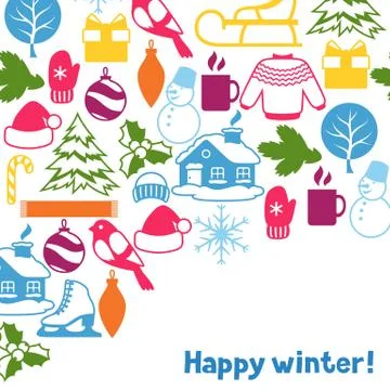 Background with winter objects. Merry Christmas, Happy New Year holiday items Illustrazione stock