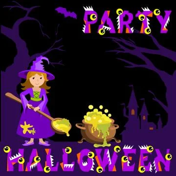 Background with witch magic pot spoon and castle, bat, an evil pumpkin  the text Stock Illustration