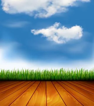 Background with wood and grass. vector. Stock Illustration