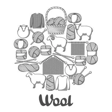 Background with wool items. Goods for hand made, knitting or tailor shop Stock Illustration