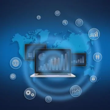 On background of a world map computer tablet and laptop Ilustración de archivo