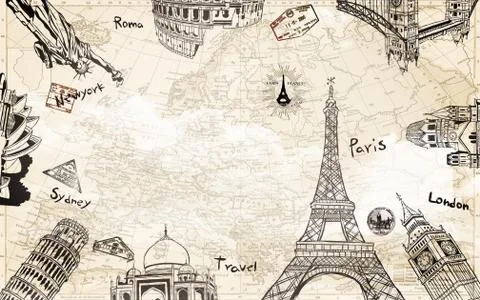 Background with a world map, outlines of world sights and names of cities 스톡 일러스트