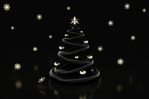 Background of X-Mas Tree with golden star, balls and snowflakes. 3D render. Stock Illustration