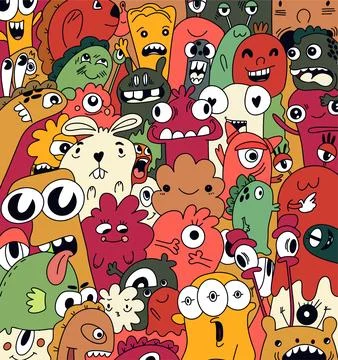 Background for your design with different cartoon monsters, colorful pattern Stock Illustration