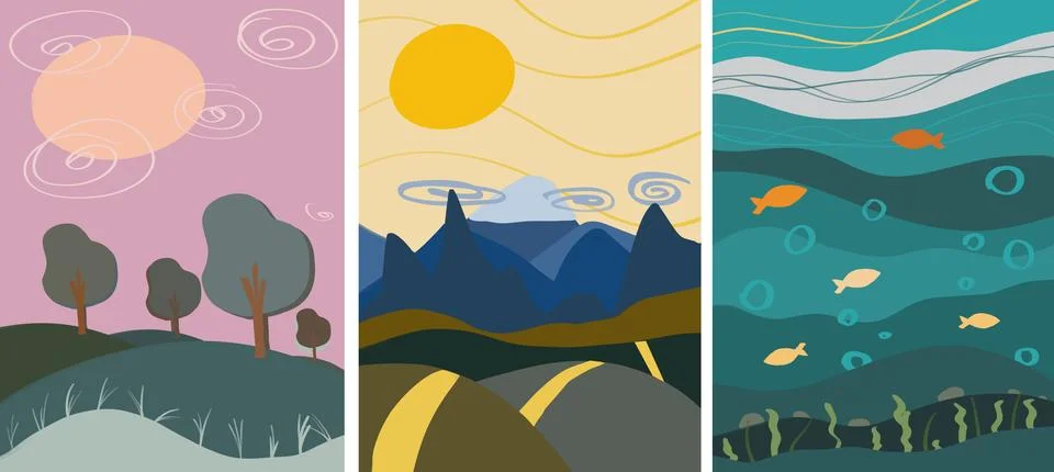 Backgrounds with nature. ecological environment. Field, mountains and sea. Stock Illustration