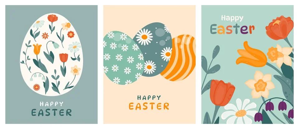 Backgrounds with painted Easter eggs and spring flowers. Stock Illustration
