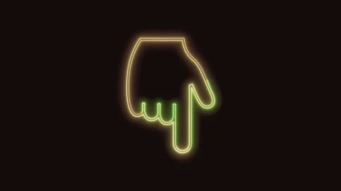 Backhand Index Pointing Down Icon Neon Seamless Loop 4K (Black Background) Video stock 310357132
