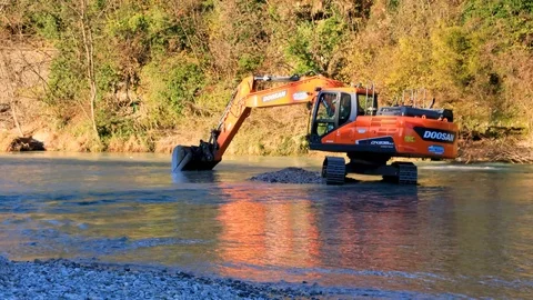 Backhoe Bulldozer Scraper Inside River Grabs rocks in Water Stock Footage 122197250