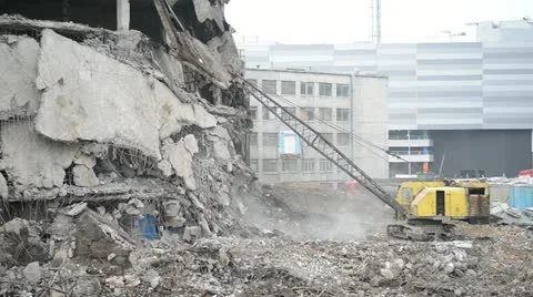 Backhoe car destroyed old building . Stock Footage 22007614