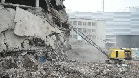 Backhoe car destroyed old building . Stock Footage 22007650