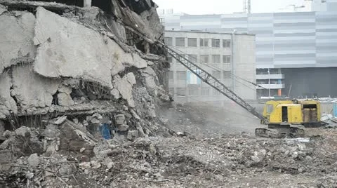 Backhoe car destroyed old building. Stock Footage 22007725