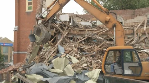 Backhoe church demolition 02 Stock Footage
