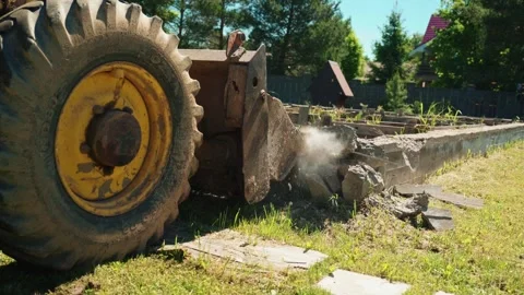 Backhoe Loader Attachment Crushing Old Concrete Foundation Stock Footage 337830284