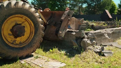 Backhoe Loader Bucket Breaking Old Concrete Foundation Stock Footage 337830281