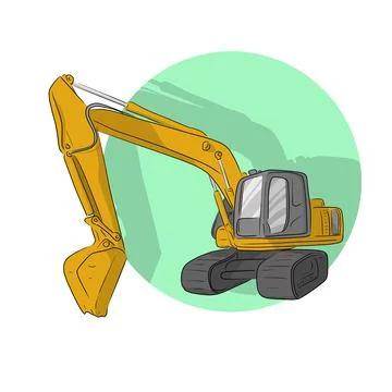 Backhoe loader hand drawn with green circle at the back isolated on white Stock Illustration