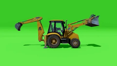 Backhoe Loader Stylized Yellow Construction Vehicle on Green Scene Stock Footage 312972927