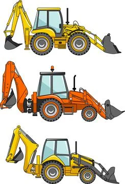 Backhoe loaders. Heavy construction machines. Vector illustration Illustrazione stock
