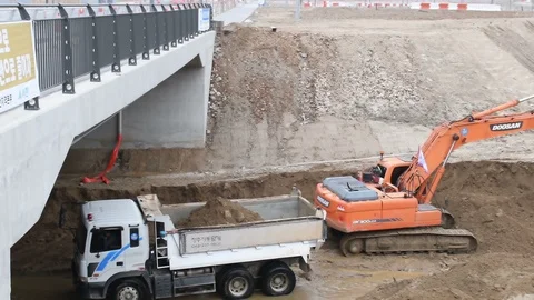 Backhoe loading dirt into dump truck Stock Footage 125720702