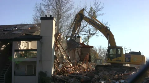 Backhoe Tearing Down Building Apartment Demolition Stock Footage 46672336