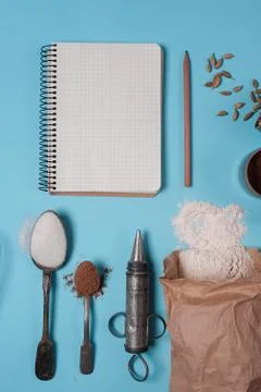 Backing background with ingredients for baking and kitchen tools. Stock Photos