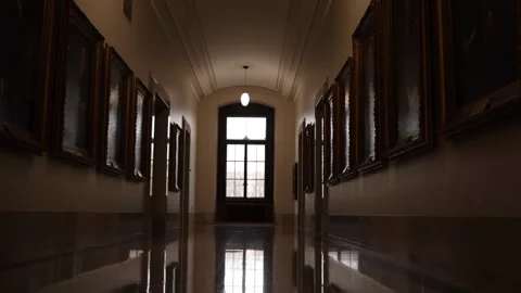 Backing up through empty old building hallway with old paintings Stock Footage 169871149