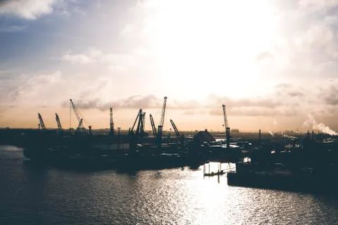 Backlight cranes in Hamburg Stock Photos