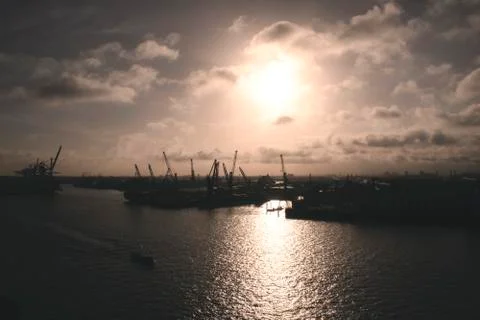 Backlight cranes in Hamburg Stock Photos