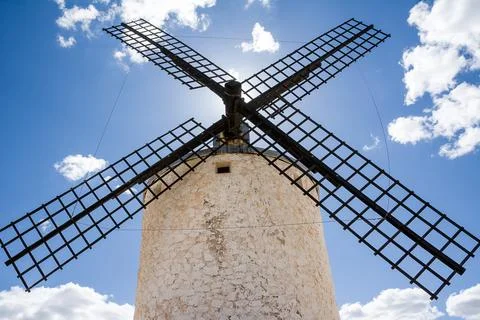 Backlight of the facade of windmill of Consuegra (Spain) Stock Photos