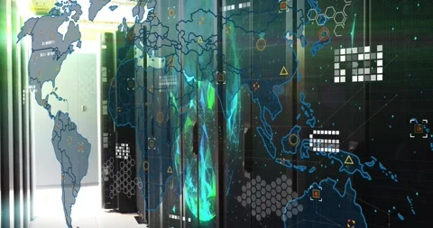 Backlight pulse sparking server racks projecting teal stream, map overlay Stock Footage 320652047