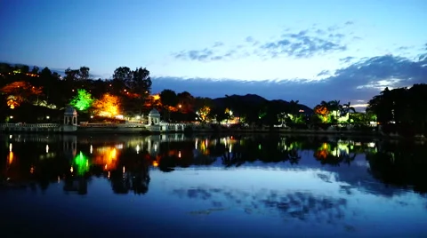 Backlight reflection on the lake with architecture Stock Footage 65380561