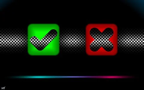 Backlight set green lamp checkmark with pink crosshair icons in a square. Stock Illustration