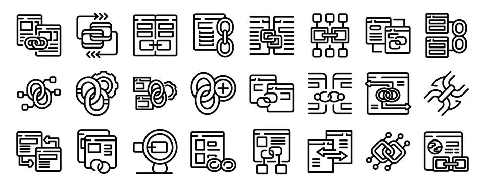 Backlink icons set. Cross linking website pages and data synchronization re.. Illustrazione stock