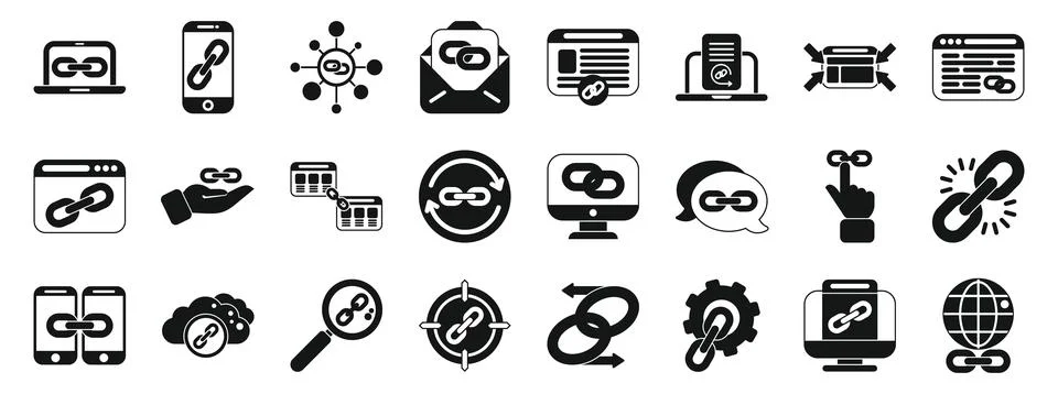 Backlink icons set. Hyperlink sharing and building connecting network data .. Ilustración de archivo