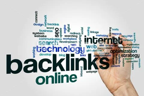 Backlinks word cloud on grey background Stock Photos