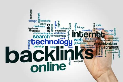 Backlinks word cloud on grey background Foto stock