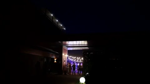 Backlit by a dancing crowd of people at an open-air party Stock-Footage 148399223