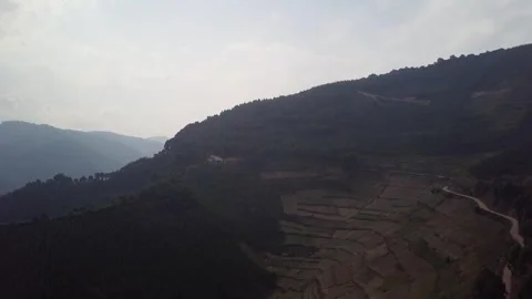 Backlit Forested Mountainside with Terraced Plots and Winding Track, Kigezi 스톡 동영상 348115206