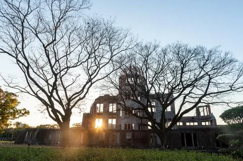 Backlit image of the atomic dome at sunset Stock Photos