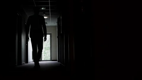 Backlit man walks along the corridor of an office or hotel to the glass doors Stock-Footage 133135337