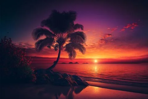 Backlit palm trees and sandy beach fills the foreground leading back to dra.. Illustrazione stock
