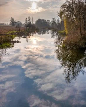 A backlit photo of tree and cloud reflections in a river. Beautiful sunset sky Stock Photos