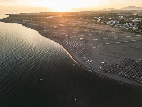 Backlit Sunset Drone View of Velipoja Beach Coast Albania Stock Photos