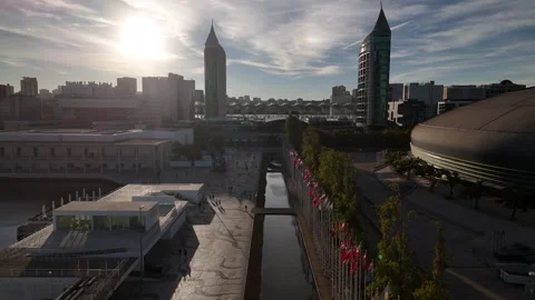 Backlit view of Oriente train station in Parque das Nacoes, Lisbon, Portugal Stock Footage 318462734