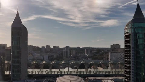 Backlit view of Oriente train station in Parque das Nacoes, Lisbon, Portugal Stock Footage 318462830