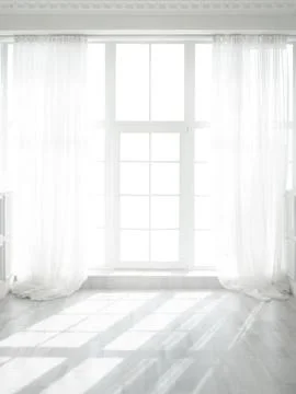 Backlit window with white curtains in empty room Stock Photos