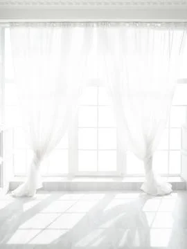 Backlit window with white curtains in empty room Stock Photos