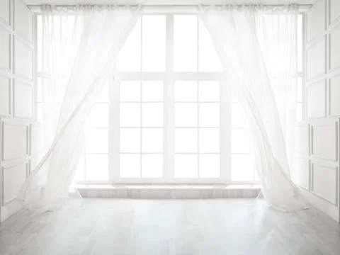 Backlit window with white curtains in empty room Stock Photos