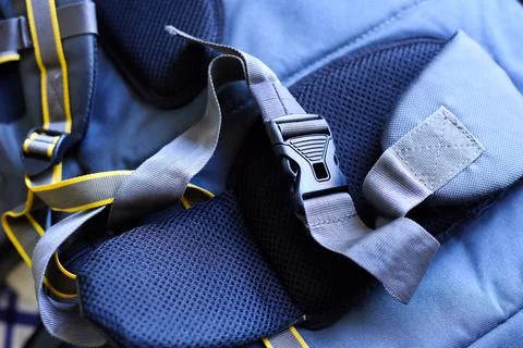 Backpack accessories close up view of clip. Safety bag clip Stock Photos