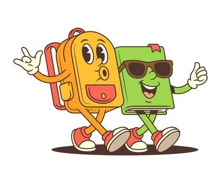 Backpack and Book Mascots Walking Side by Side with Arms Around Each Other .. Stock Illustration